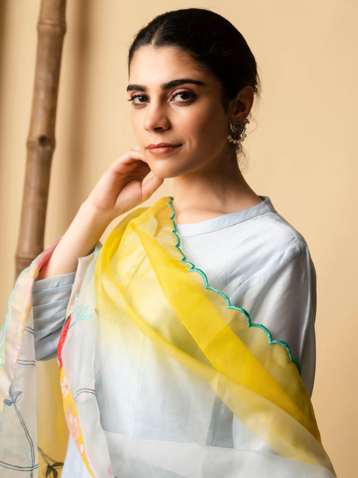 AM Floral Applique Kurta Set (Sky Blue)