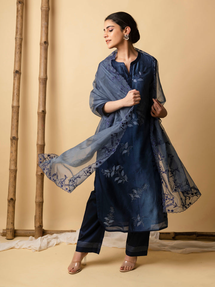 AM Leaf Applique Kurta Set (Midnight Blue)