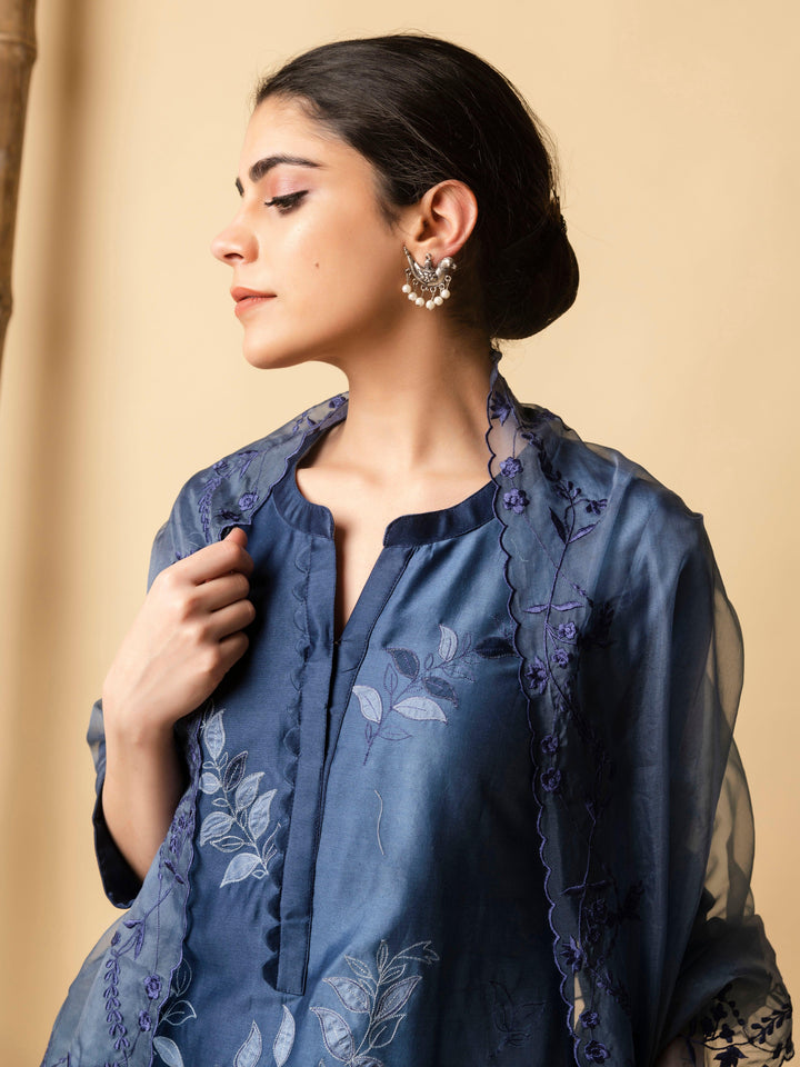 AM Leaf Applique Kurta Set (Midnight Blue)