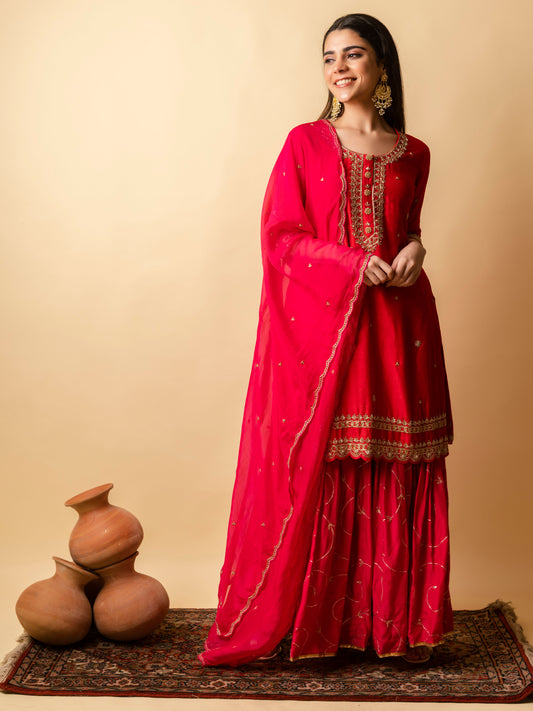 AM Dahliya Sharara Set (Berry Red)