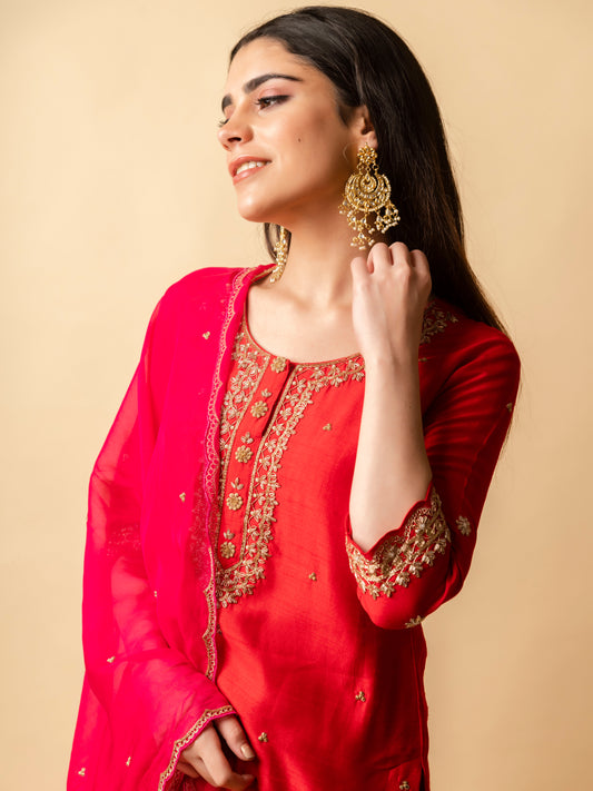 AM Dahliya Sharara Set (Berry Red)