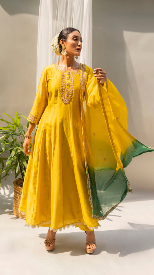 Dahliya Anarkali Set (Yellowish green)