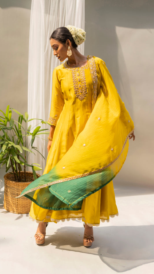 Dahliya Anarkali Set (Yellowish green)