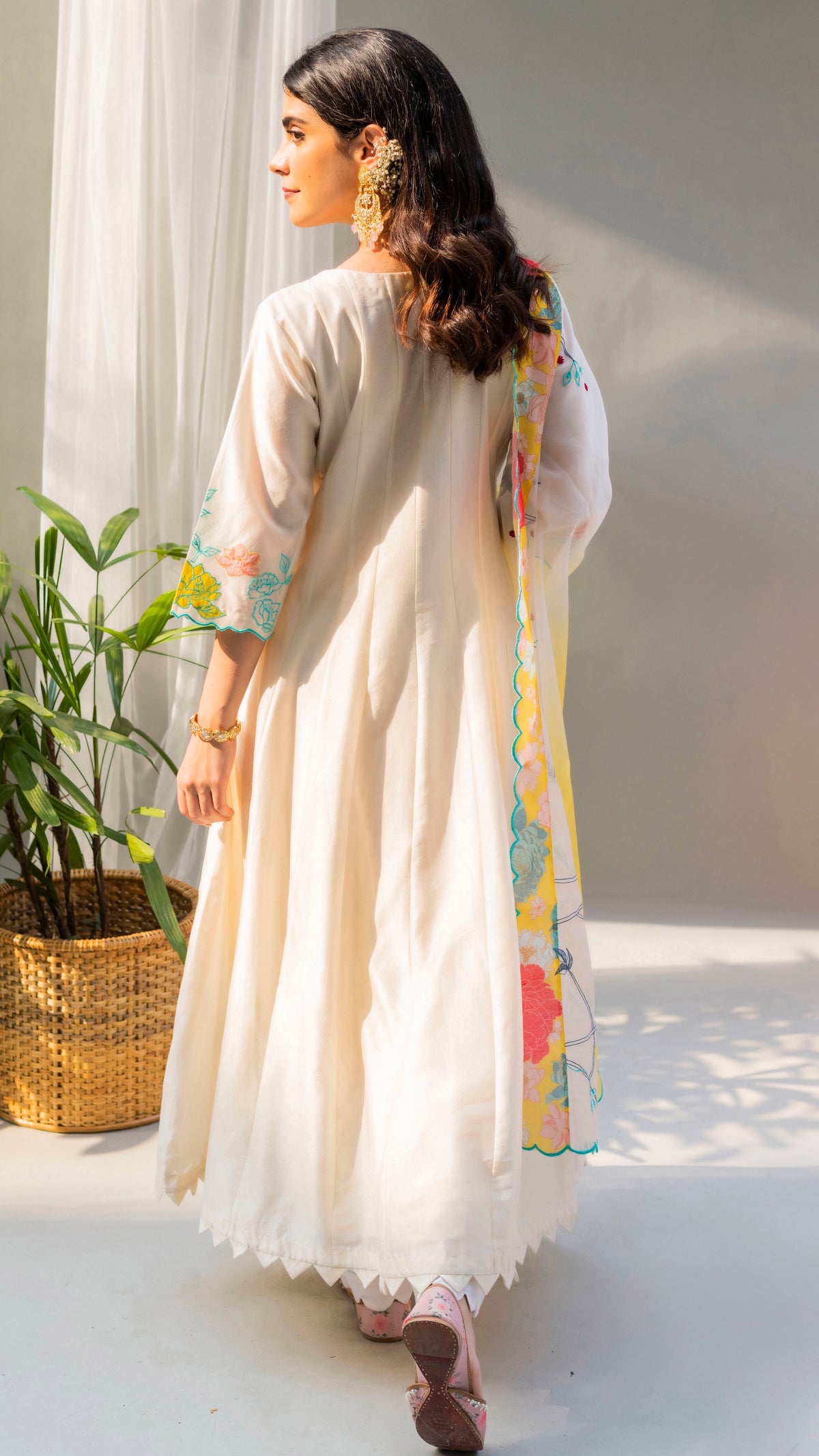 Floral Applique Anarkali Set (Pearl White)