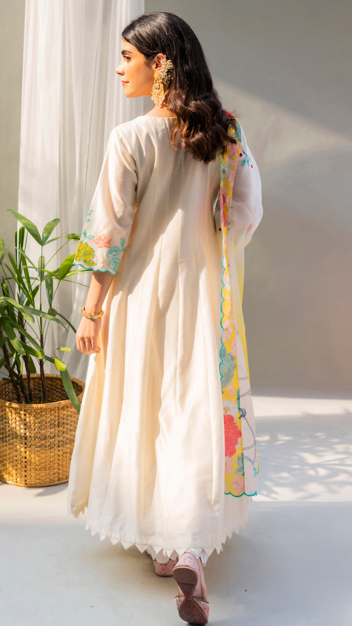 Floral Applique Anarkali Set (Pearl White)