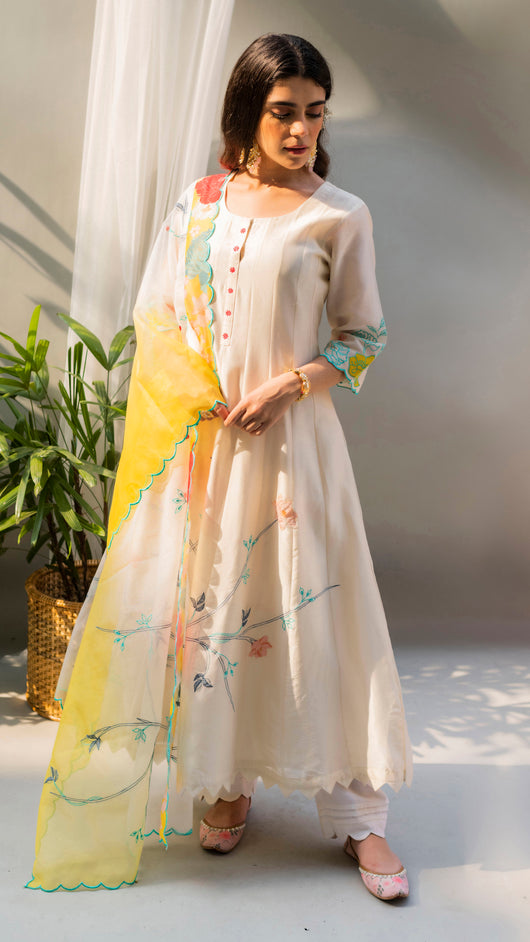 Floral Applique Anarkali Set (Pearl White)