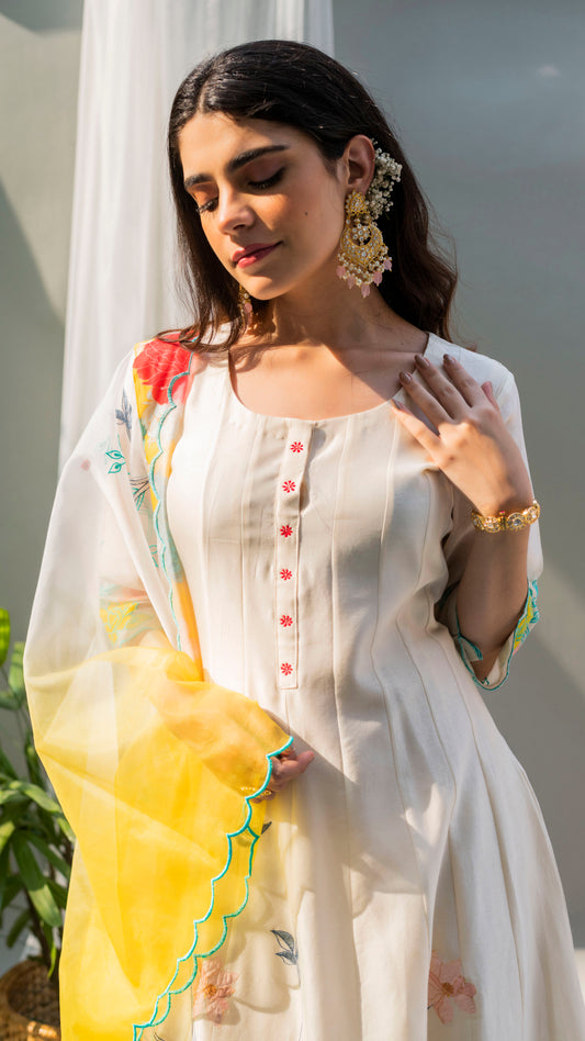 Floral Applique Anarkali Set (Pearl White)