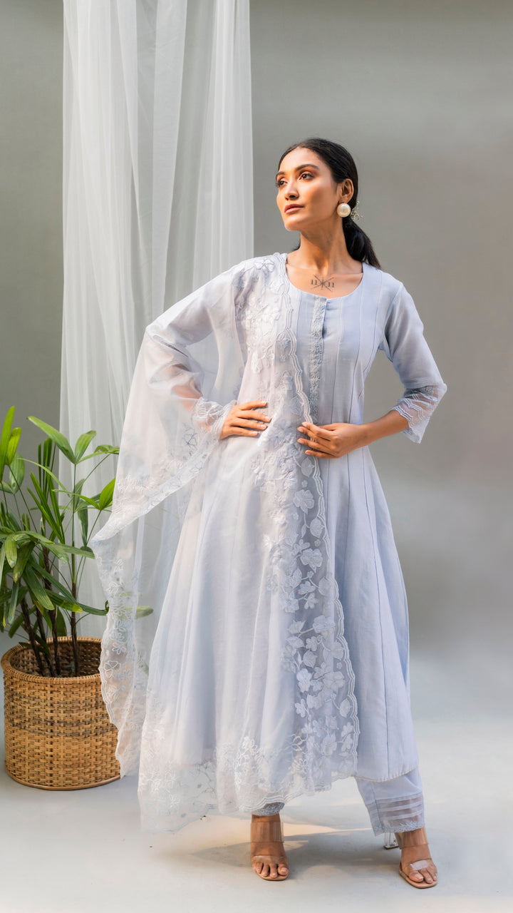 Nysa Applique Anarkali Set (Steel Blue)