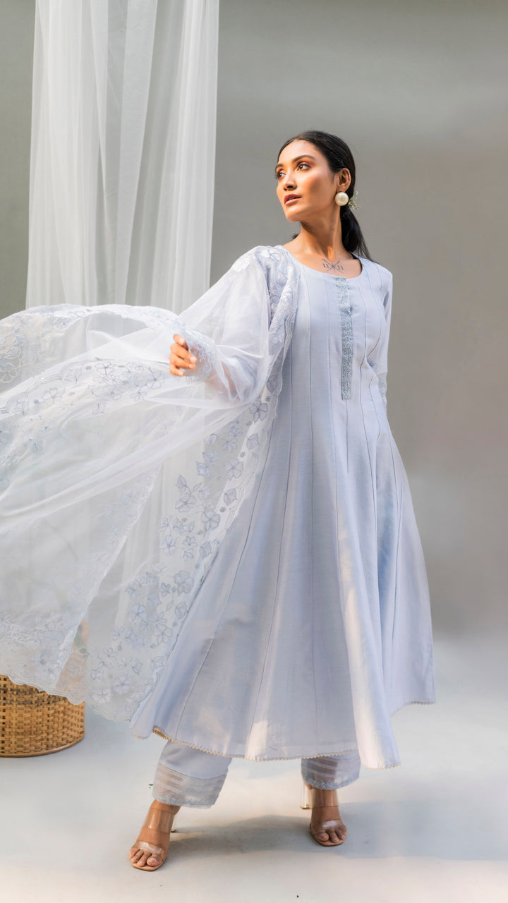 Nysa Applique Anarkali Set (Steel Blue)