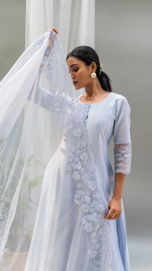 Nysa Applique Anarkali Set (Steel Blue)