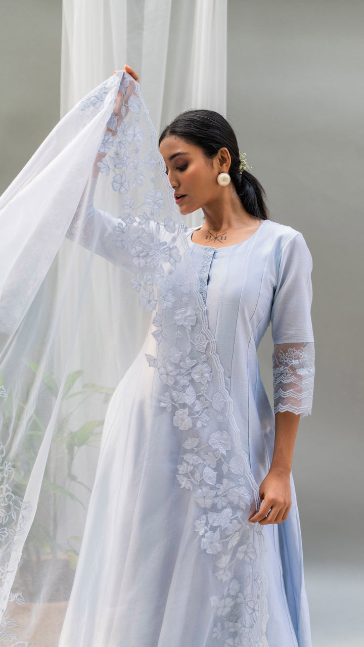 Nysa Applique Anarkali Set (Steel Blue)