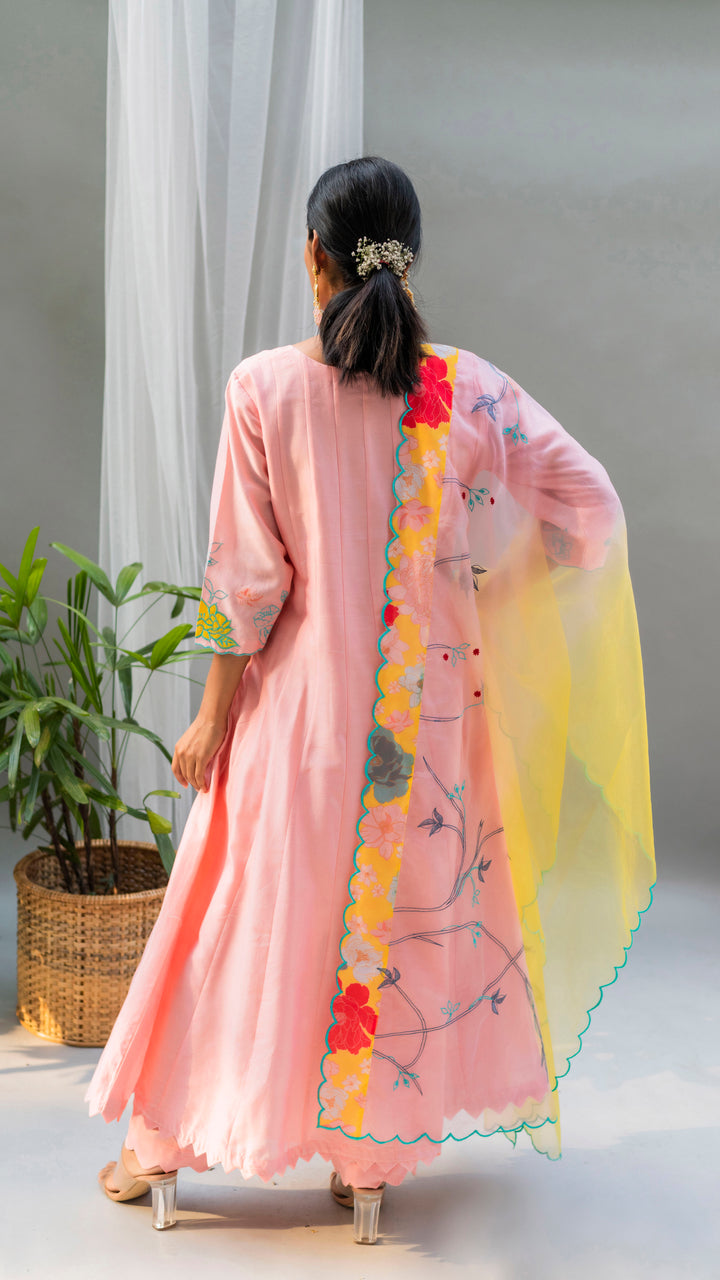 Floral Applique Anarkali Set (Coral Peach)