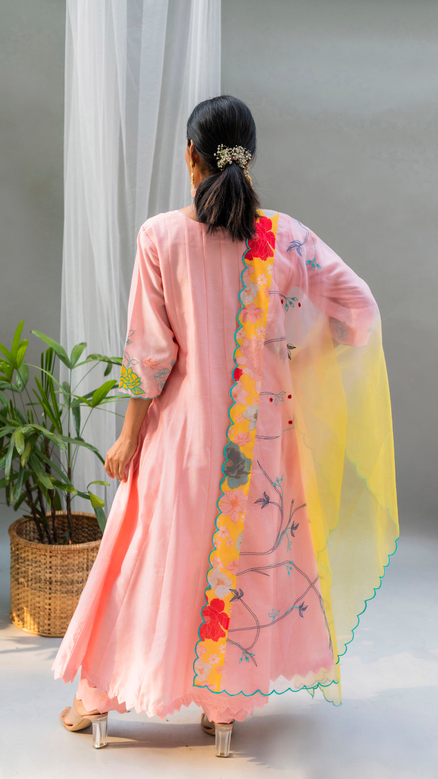 Floral Applique Anarkali Set (Coral Peach)