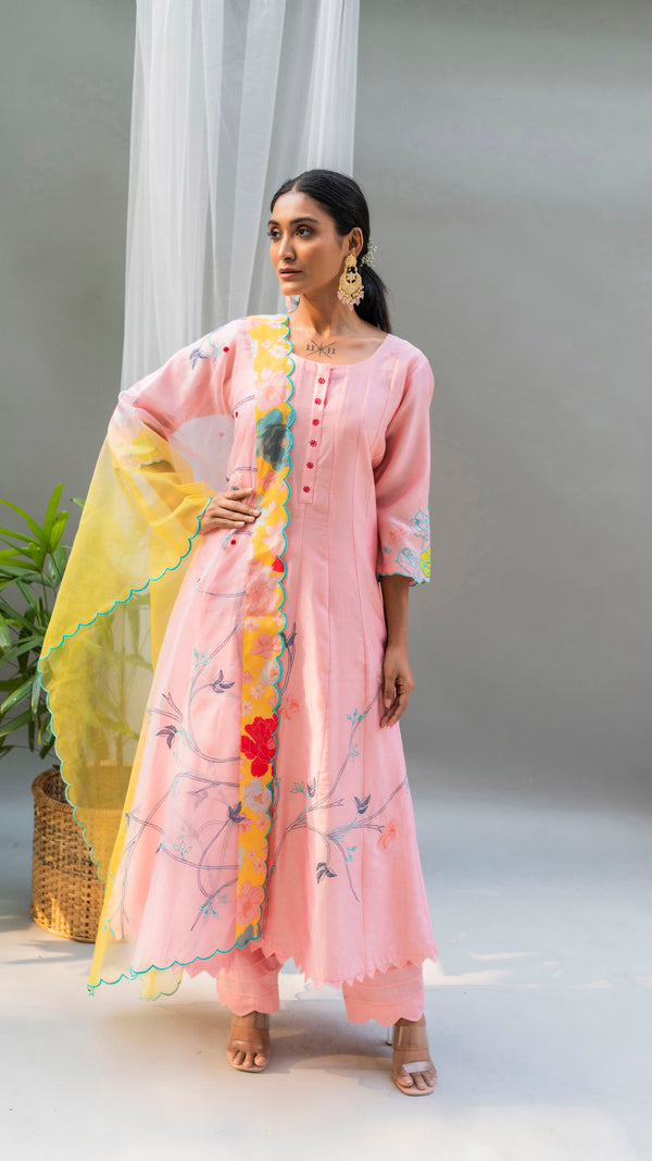 Floral Applique Anarkali Set (Coral Peach)