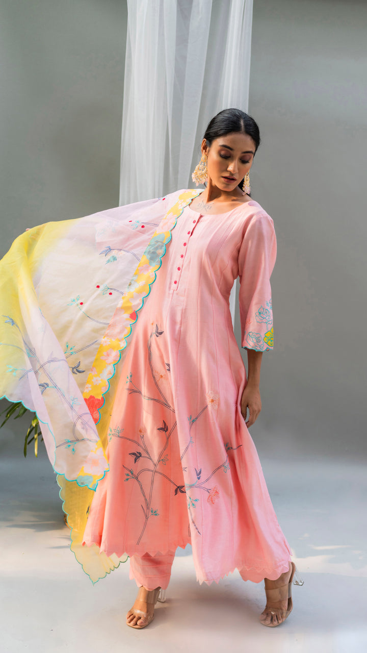 Floral Applique Anarkali Set (Coral Peach)