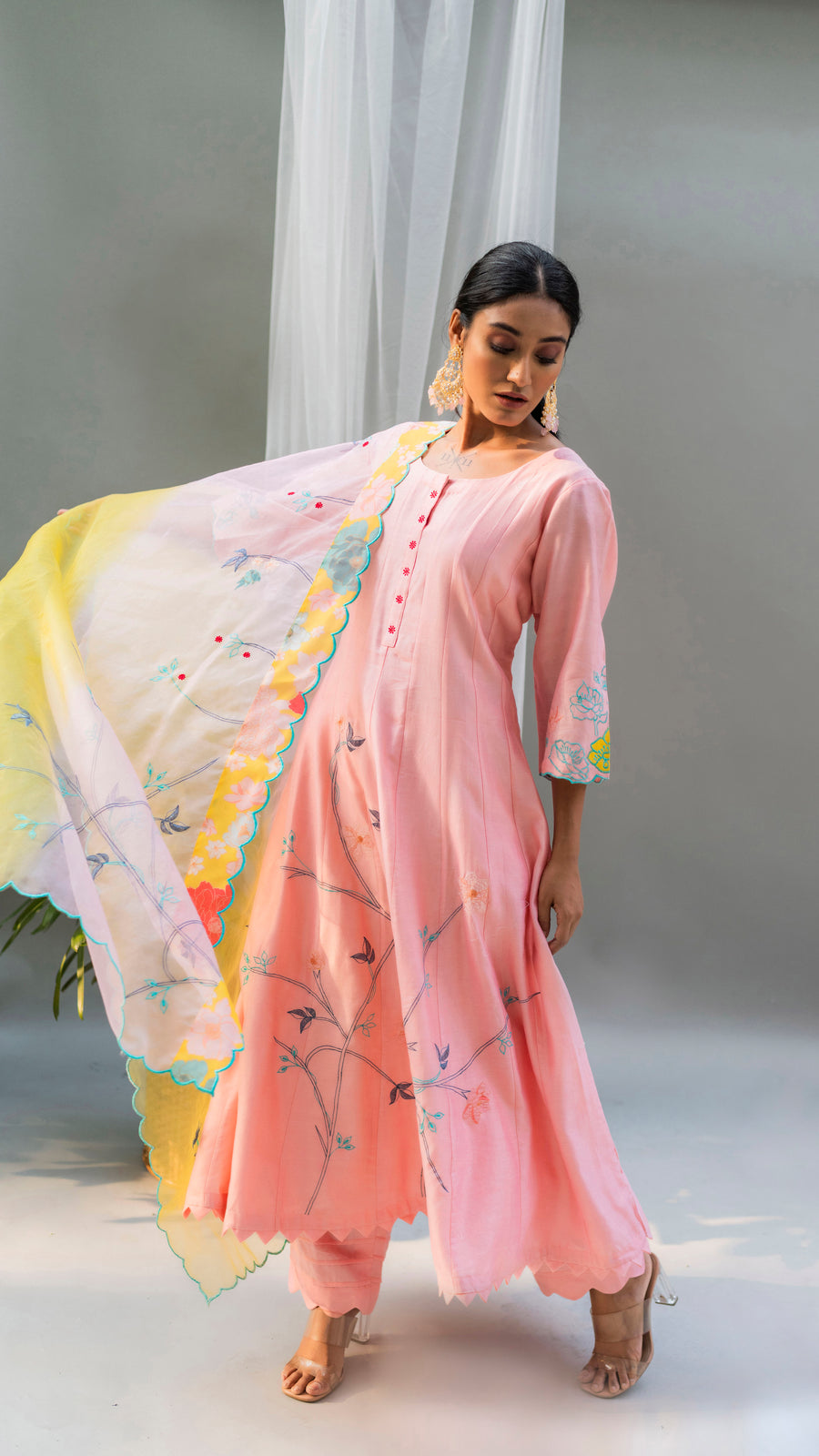Floral Applique Anarkali Set (Coral Peach)