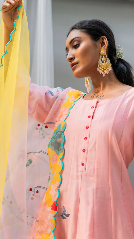 Floral Applique Anarkali Set (Coral Peach)