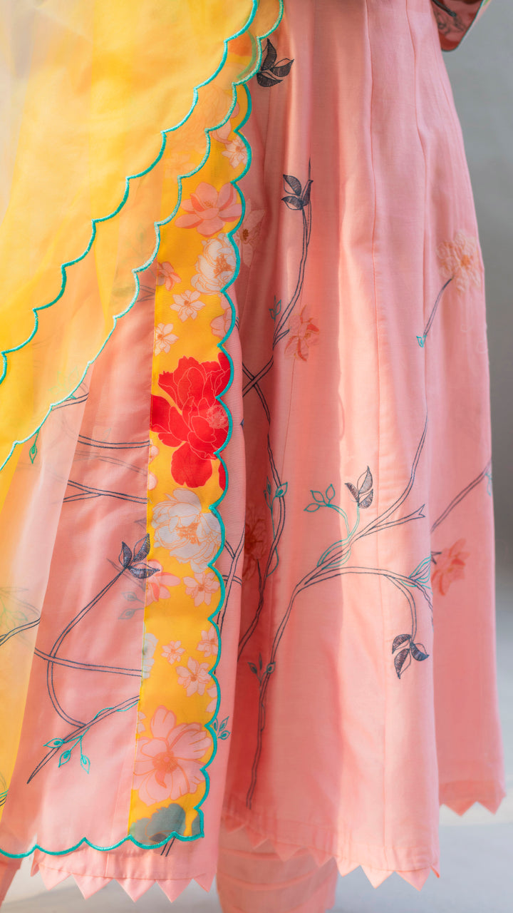 Floral Applique Anarkali Set (Coral Peach)