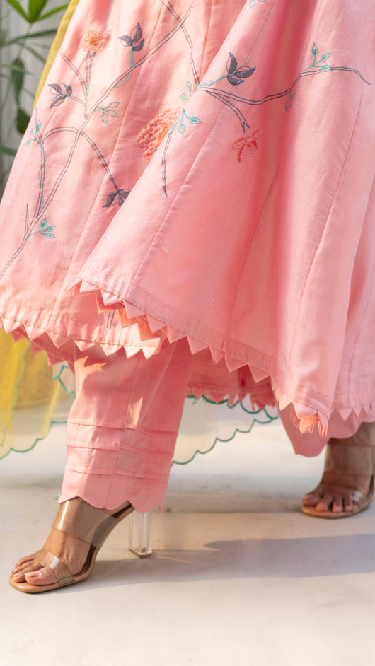 Floral Applique Anarkali Set (Coral Peach)