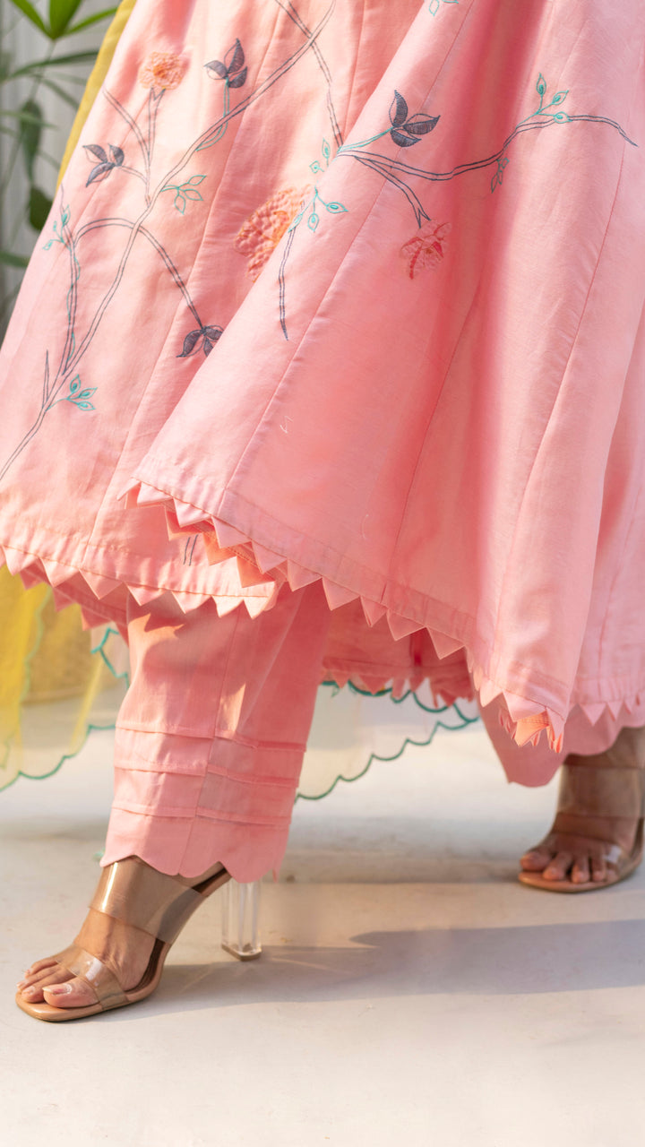Floral Applique Anarkali Set (Coral Peach)
