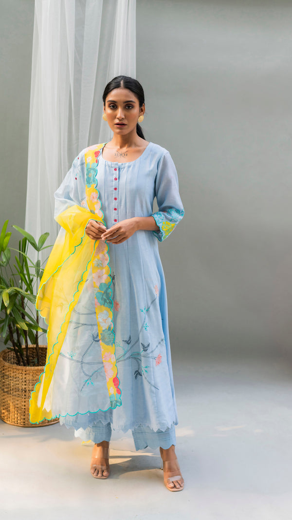 Floral Applique Anarkali Set (Sky Blue)