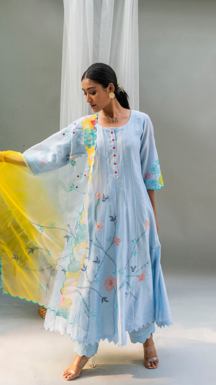 Floral Applique Anarkali Set (Sky Blue)