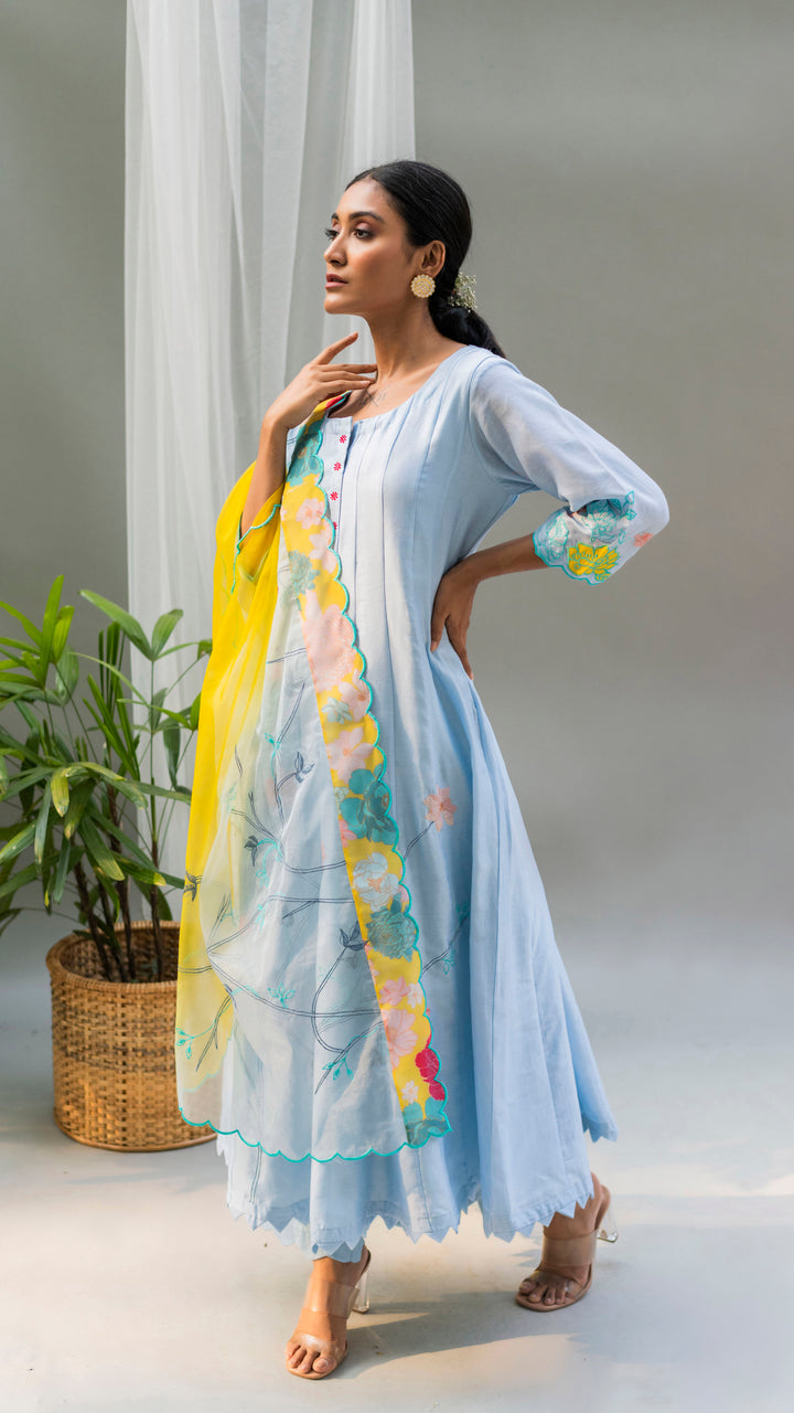 Floral Applique Anarkali Set (Sky Blue)