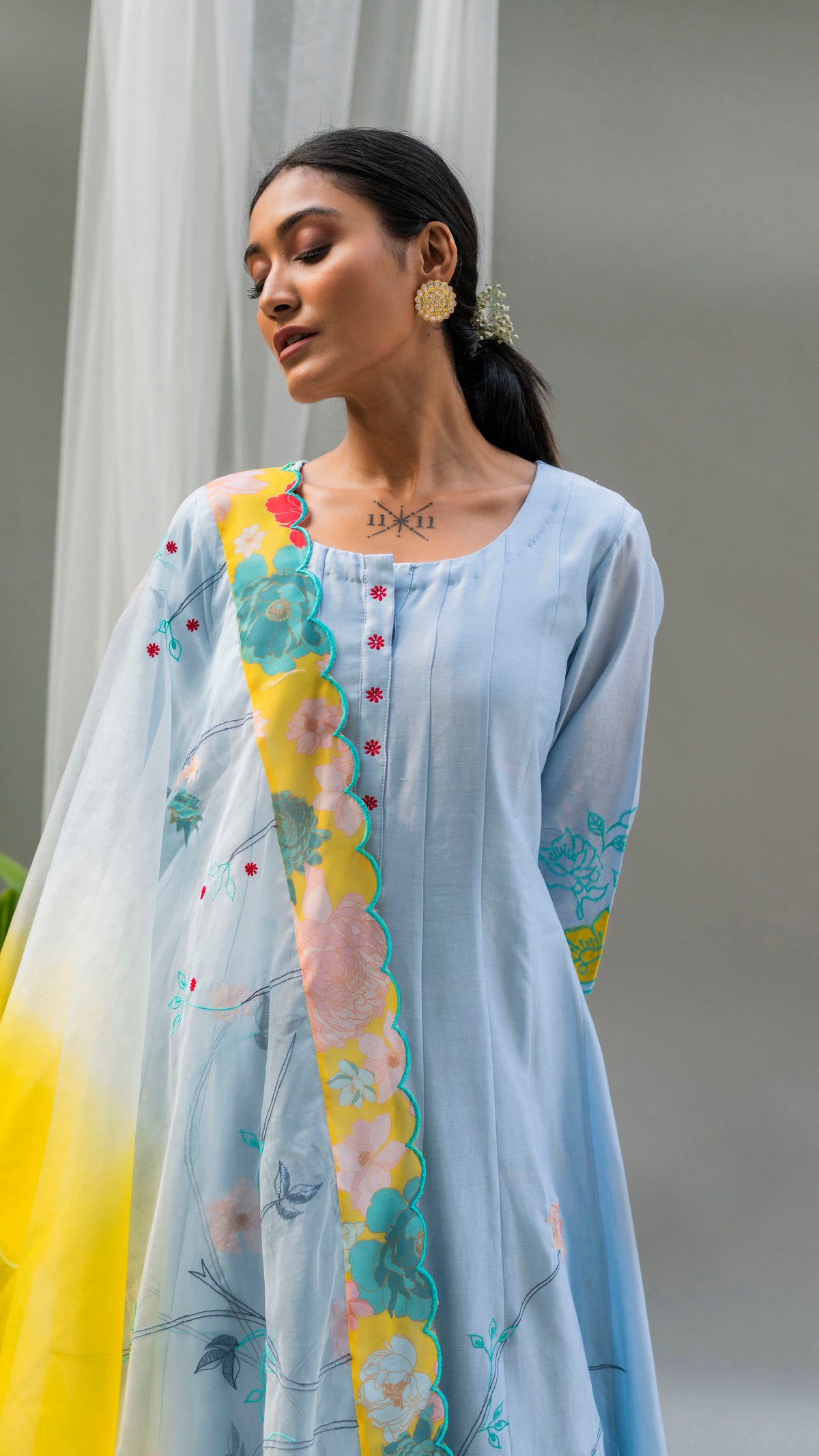 Floral Applique Anarkali Set (Sky Blue)