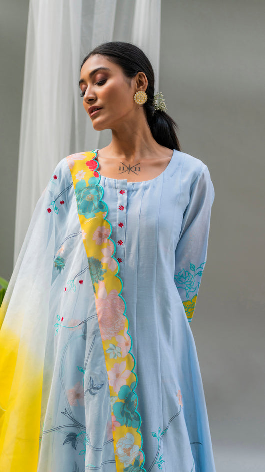 Floral Applique Anarkali Set (Sky Blue)