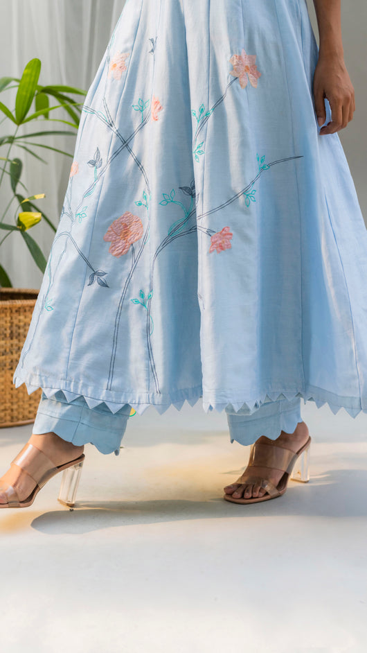 Floral Applique Anarkali Set (Sky Blue)