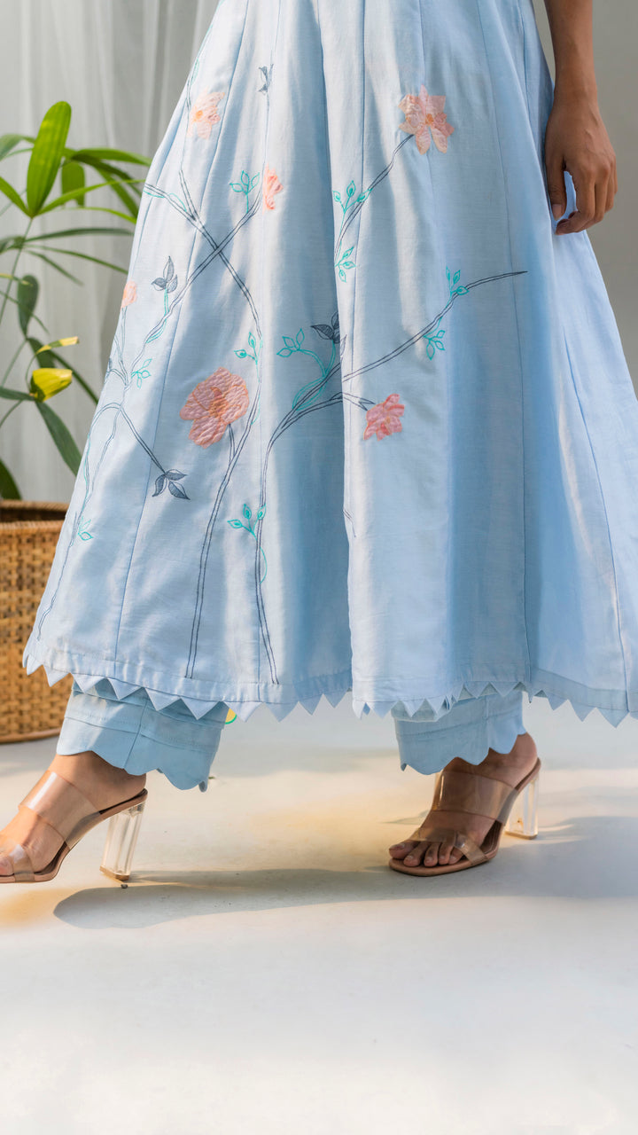 Floral Applique Anarkali Set (Sky Blue)