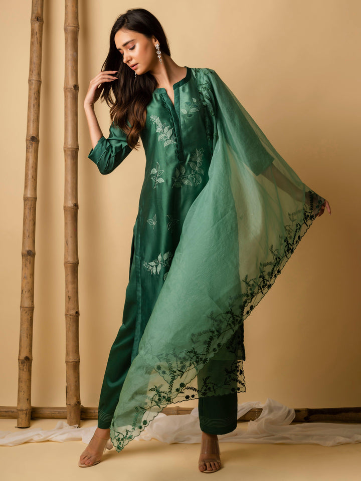 AM Leaf Applique Kurta Set (Emerald Green)