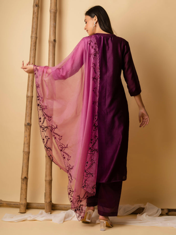 AM Leaf Applique Kurta Set (Wine)