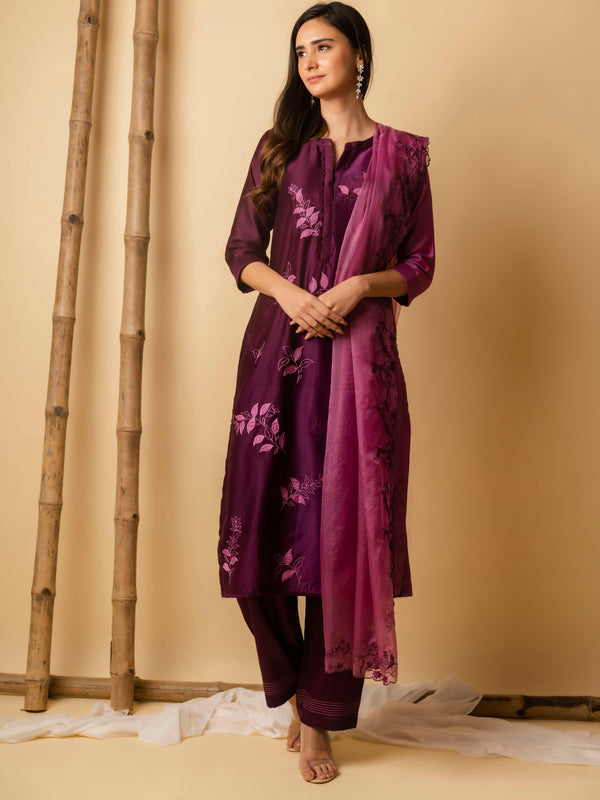 AM Leaf Applique Kurta Set (Wine)