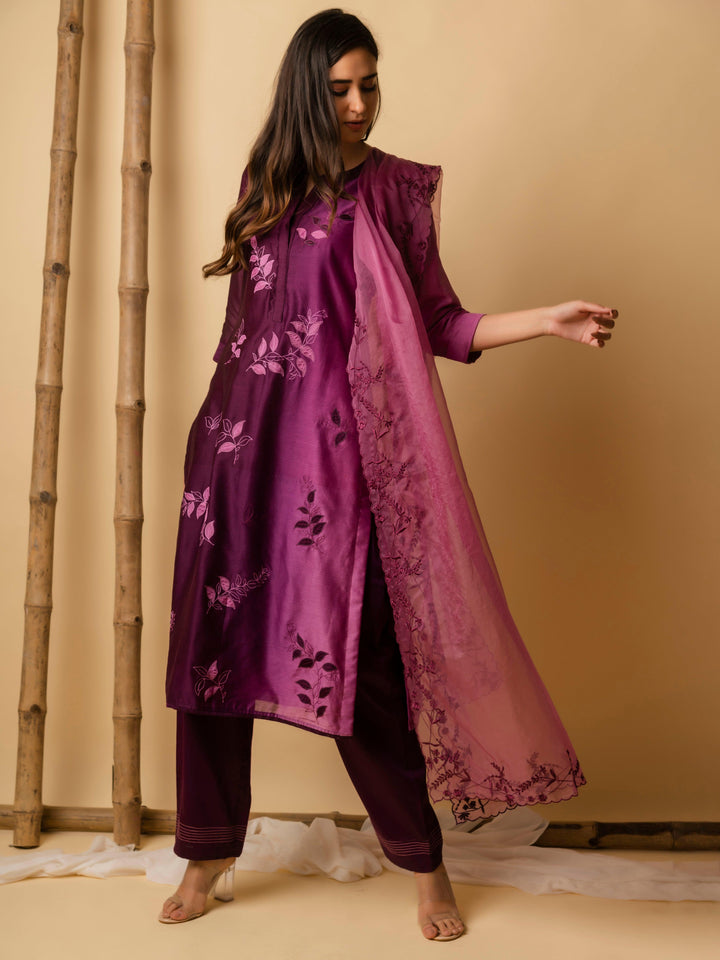AM Leaf Applique Kurta Set (Wine)