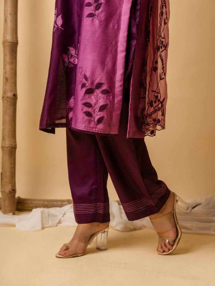 AM Leaf Applique Kurta Set (Wine)